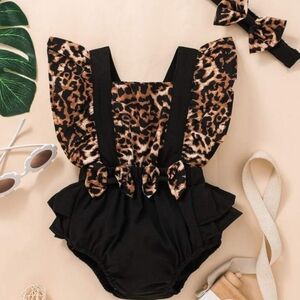 Shein Baby Girl's Leopard Ruffle Trim Bow Front Romper Bodysuit W/Headband 0-3M